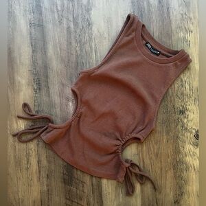 Zara Brown Ribbed cut out tank